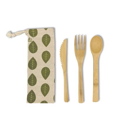 Set of 3 bamboo cutlery in a linen bag "green leaves"