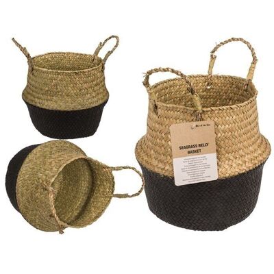 Seagrass belly basket with 2 handles, Black,
