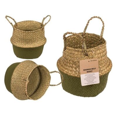 Belly basket made of seagrass, with 2 handles, olive green,