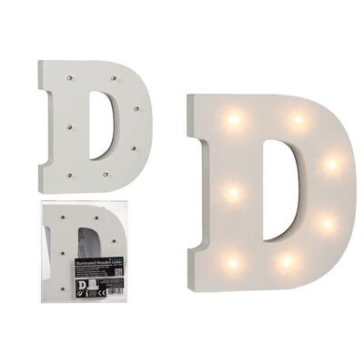Lettera D in legno illuminata, con 7 LED,