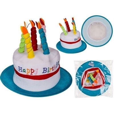 Blue and white plush birthday hat with 5 candles,