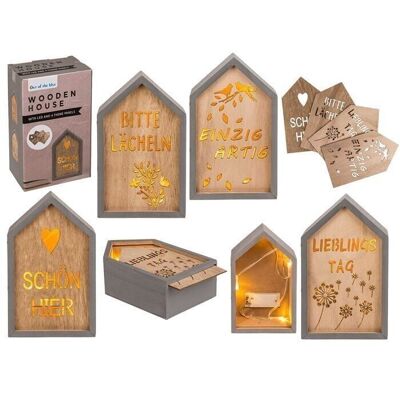 Decorative wooden house with 4 plaques and LED,