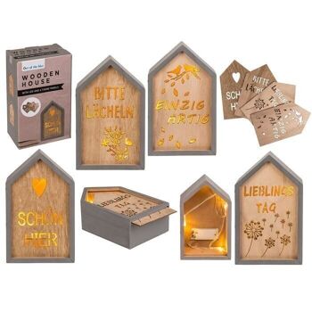 Maison décorative en bois avec 4 plaques et LED, 1