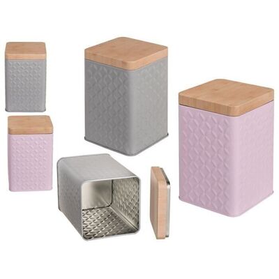 Square metal box with lid in bamboo look,