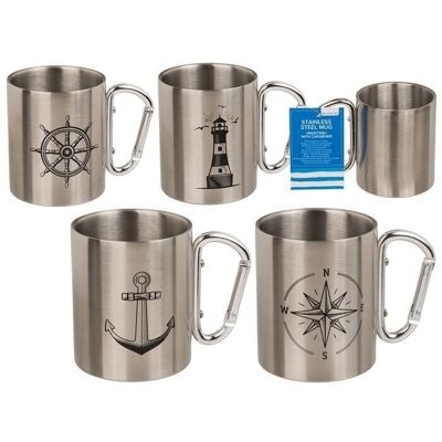 Stainless steel mug with carabiner, maritime,