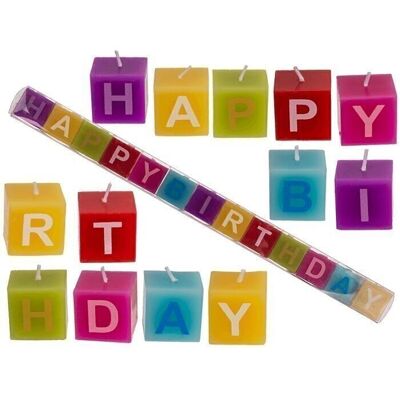 Colored candle block with writing, Happy Birthday,