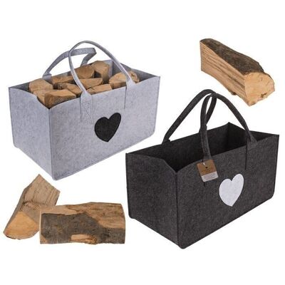 Gray felt bag for firewood, heart,