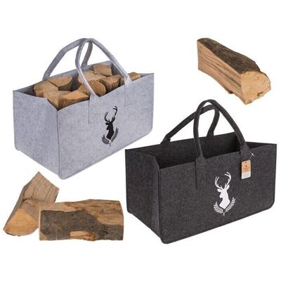 Gray felt bag for firewood, deer head,