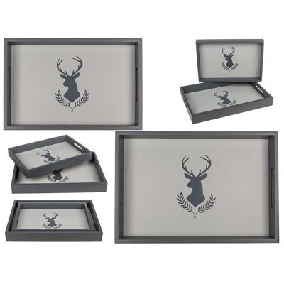 Gray wooden tray, deer head, set of 2,