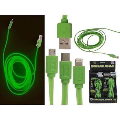 Green USB data cable for iPhone, Type C & Micro