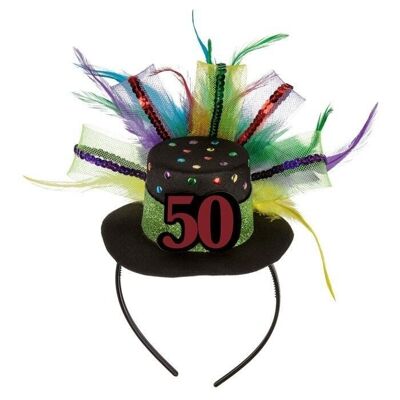 Diadema con gorro de cumpleaños - 50 y plumas,
