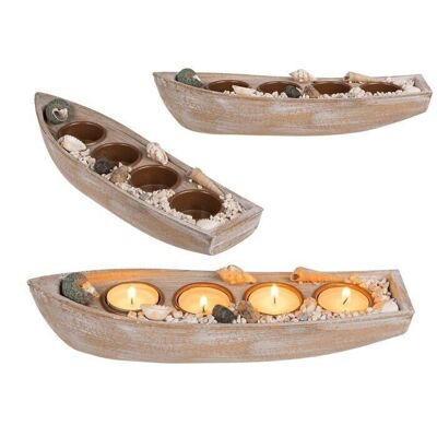 Wooden boat for 4 tea lights, with shell decoration