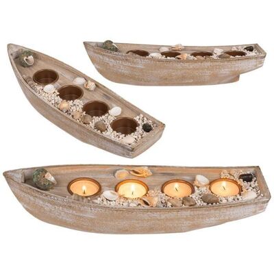 Wooden boat for 4 tea lights, shell decoration