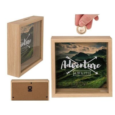 Wooden money box, Adventure awaits, with frame,
