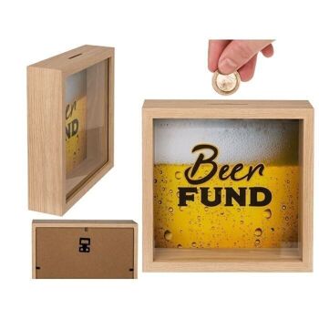 Tirelire en bois, fonds de bière, dans le cadre, 1