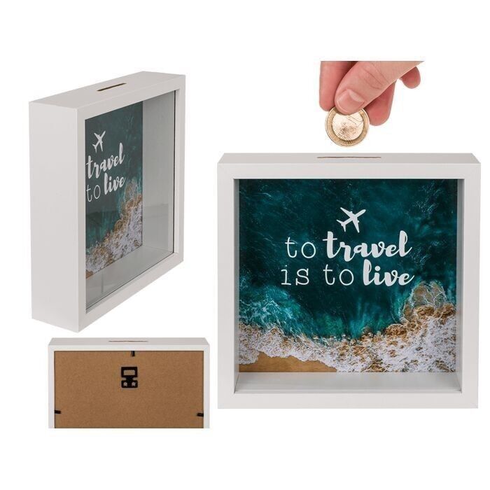 Hucha de madera, Viajar es vivir, con marco,