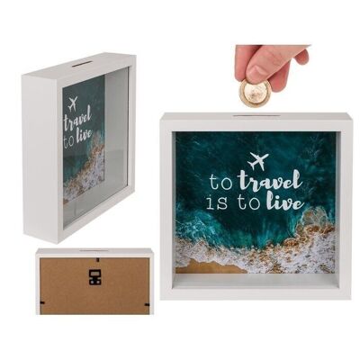 Wooden money box, To travel is to live, with frame,