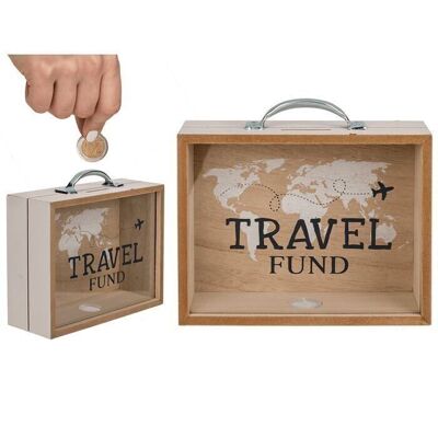 Hucha de madera, Travel Fund, 20,5 x 12 cm aprox.
