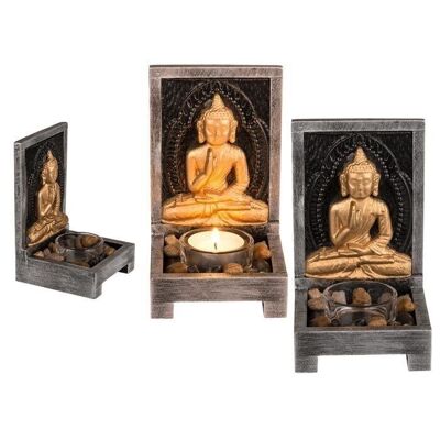 Wooden tealight holder, Buddha with decorative stones,