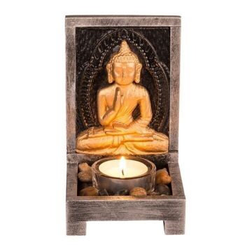 Photophore en bois, Bouddha avec pierres décoratives, 3