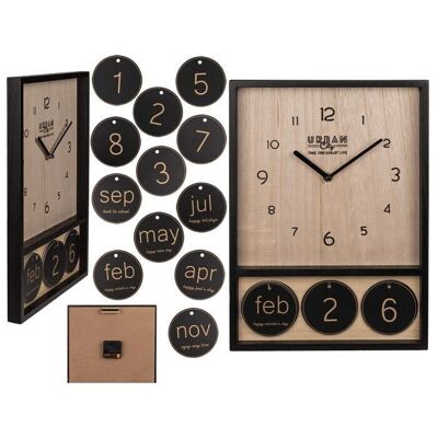 Wooden clock with calendar, approx. 39.5 x 28 cm
