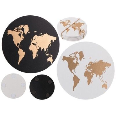 wooden coasters, gold colored world map,