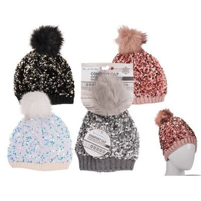 Bonnet douillet avec pompon en fausse fourrure et sequins,