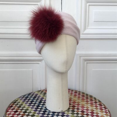 100% cashmere 4-ply fluffy knit headband with fur pompom