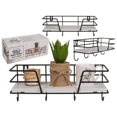 metal/wooden wall shelf with 4 hooks,