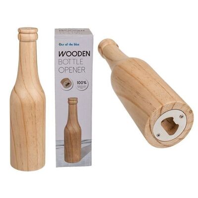 metal bottle opener with wooden handle, bottle,