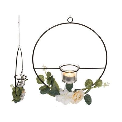 Metal wreath with floral decoration & tealight holder,