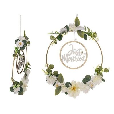 Metal wreath, Just Married, with floral decoration,