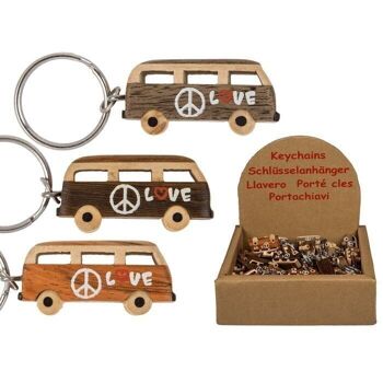 Porte-clés en métal, bus hippie en bois naturel, 1