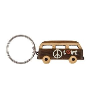 Porte-clés en métal, bus hippie en bois naturel, 3