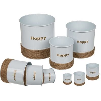 Metal pot in white, Happy, with jute decoration,