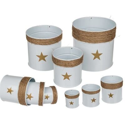 Metal pot in white, star, with jute decoration,