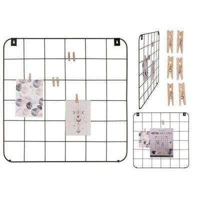 Metal wall grid with 6 wooden clips, approx. 48 x 48 cm