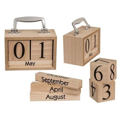 Calendario in legno naturale colorato, valigia,