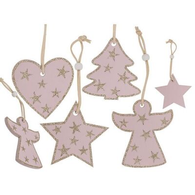 Pink colored wooden Christmas motifs to hang,