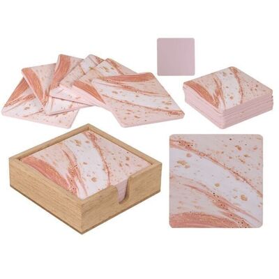 pink/gold wooden coasters,