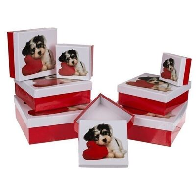 Boîte cadeau rouge/blanc, chien avec coeur,