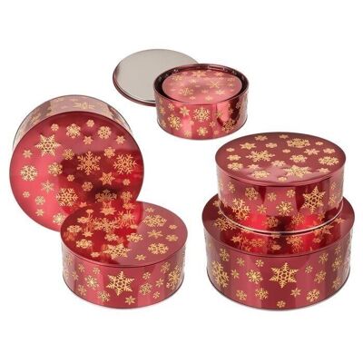 Round red/gold metal tin, snowflake,