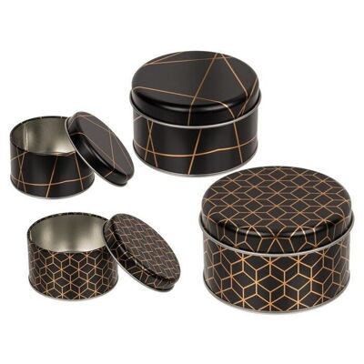 Round black metal tin, Golden stripes,