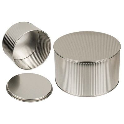 Round silver colored metal tin, 3D design