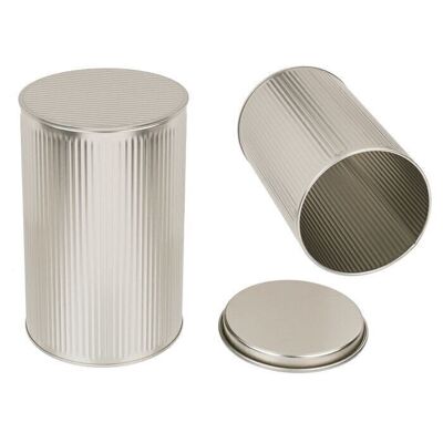Round silver colored metal tin, 3D design,