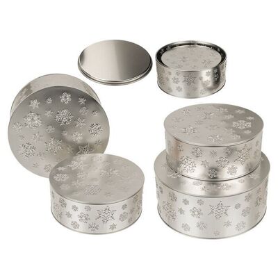 Round silver colored metal tin, snowflake,