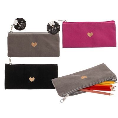 Velvet pencil case with heart embroidery,