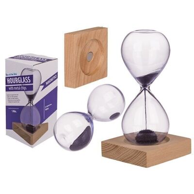 hourglass with purple colored magnetic sand,