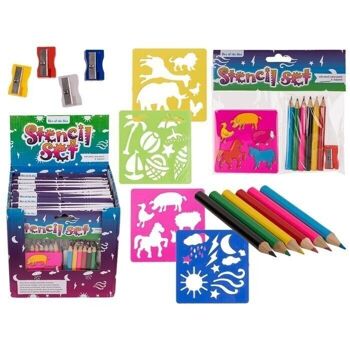 Set scolaire, 3 pièces (pochoir, crayons de couleur & 1