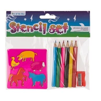 Set scolaire, 3 pièces (pochoir, crayons de couleur & 4